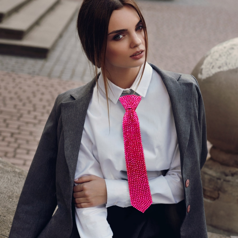 Pink Crystal Necktie Bling Rhinestones Tie Necklace Chain Statement Jewelry